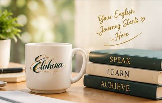 میز مطالعه با لیوان الاهورا و کتاب‌های Speak، Learn، Achieve